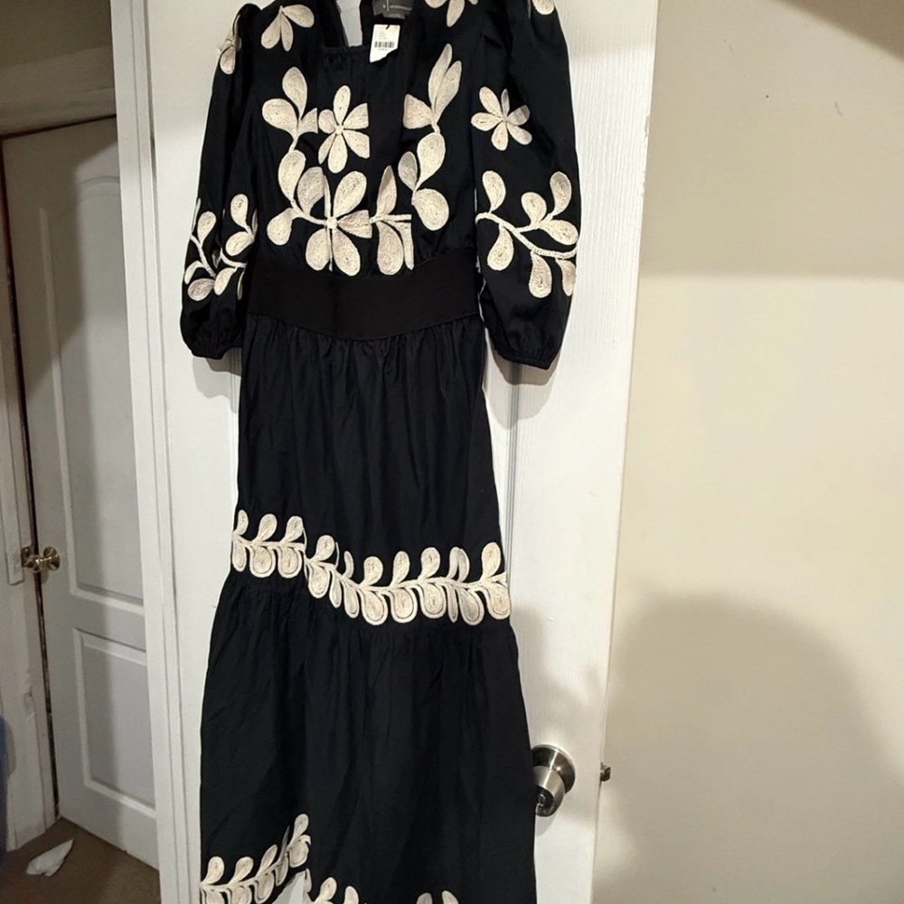 Anthropologie Black and Cream Floral Long Sleeve Dress embroidered floral